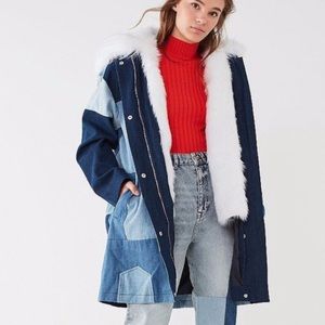 NWT UO Faux Fur Patchwork Denim Parka Jacket XS